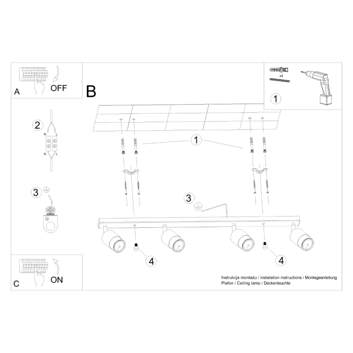 Plafondlamp NERO 4 zwart/chroom