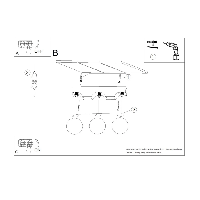 Plafondlamp BULBO 3 natuurlijk hout